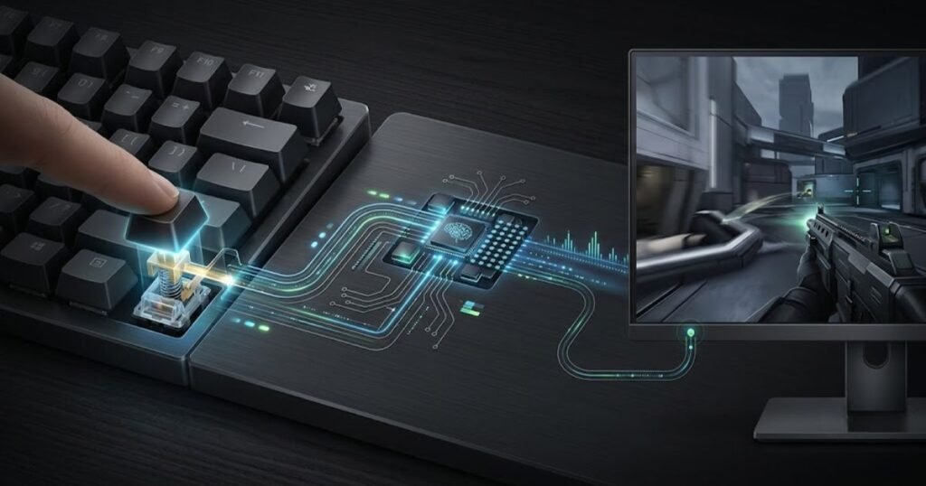 A finger presses a gaming keyboard key while an input signal travels toward an FPS game on a monitor