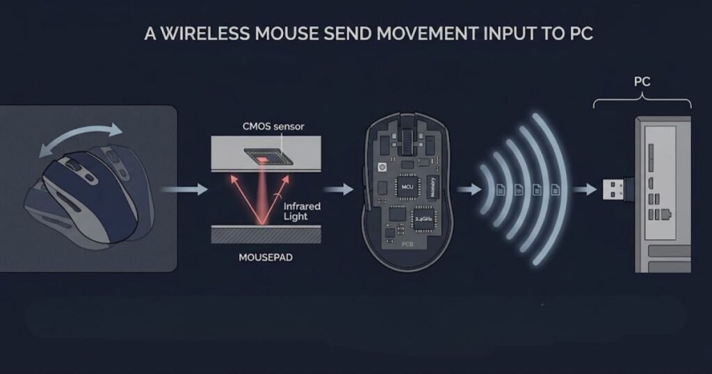 Diagram showing physical mouse movement passing through sensor detection, mouse processing, wireless transmission, and a USB receiver