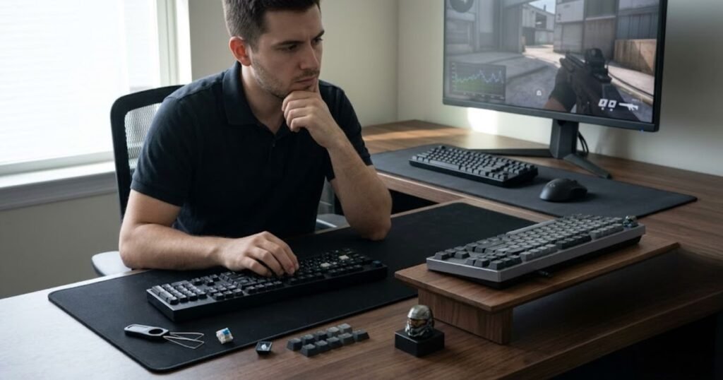 Gamer comparing a current keyboard with a replacement before deciding whether to upgrade