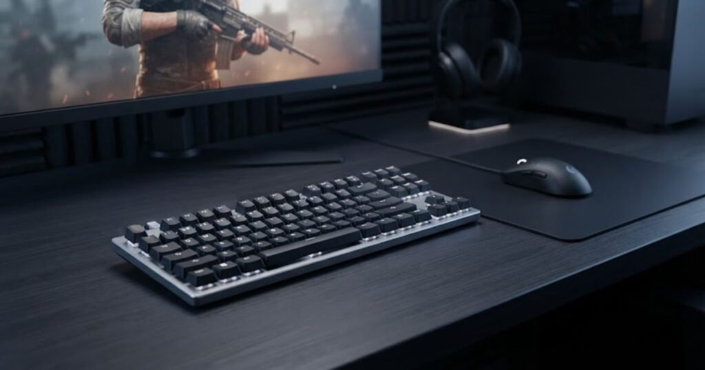 Gaming keyboard and mouse positioned on a desk to illustrate FPS keyboard evaluation factors