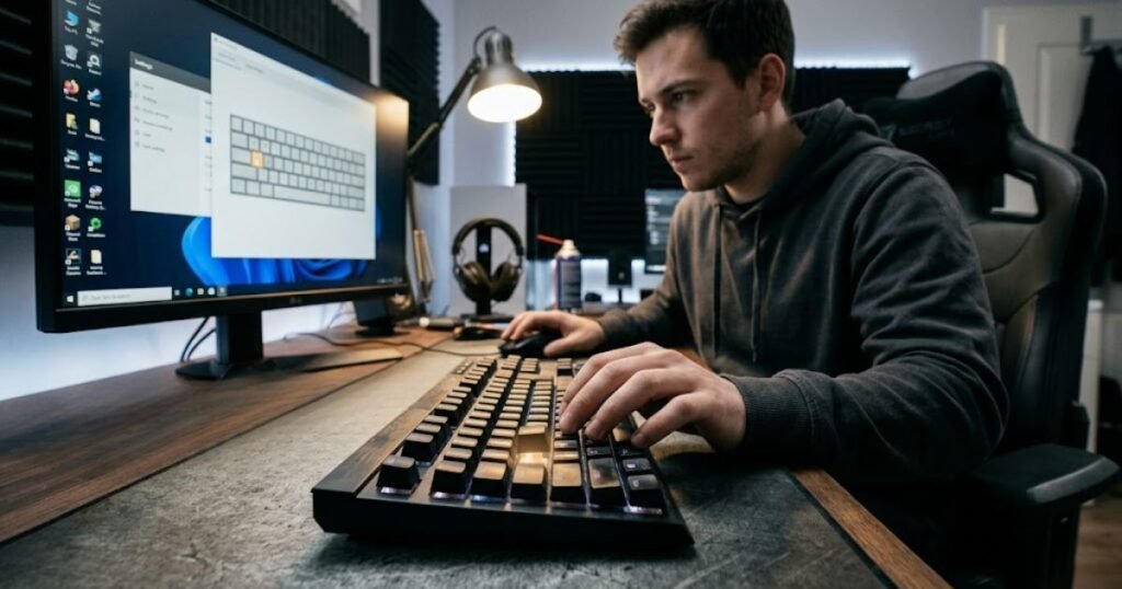 Gamer testing a gaming keyboard to determine whether inconsistent input comes from the keyboard