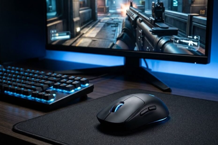 A wireless gaming mouse on a black mouse pad beside a gaming keyboard and monitor showing a generic FPS game environment