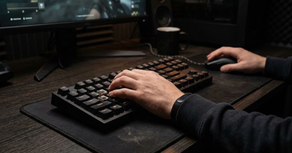 An FPS player keeps the left hand naturally positioned over the keyboard movement keys with a gaming mouse beside the keyboard.