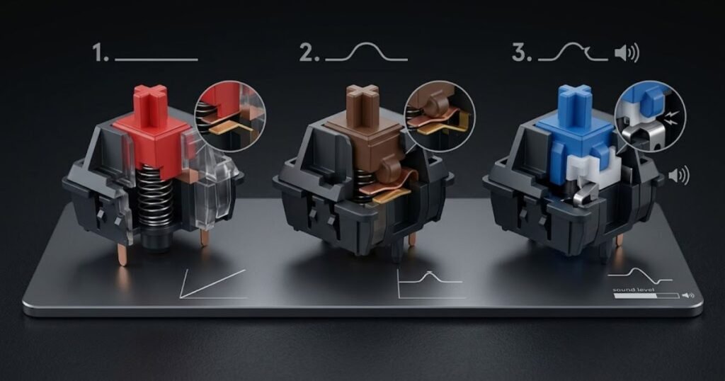 Three mechanical keyboard switches showing different internal designs for linear, tactile, and clicky switch types