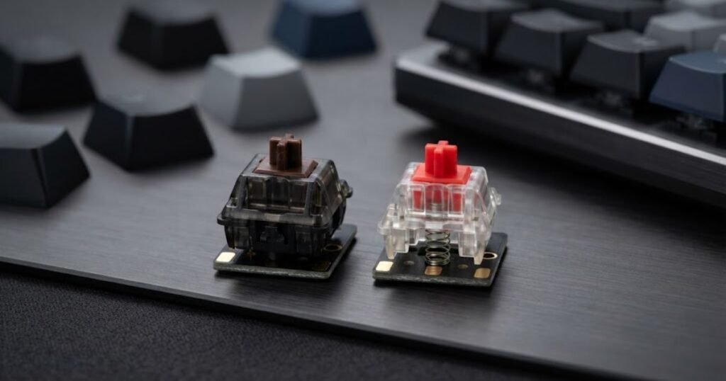 Two mechanical keyboard switches displayed side by side with keycaps nearby