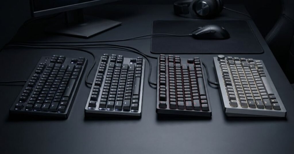 Four gaming keyboards representing mechanical, membrane, optical, and Hall Effect technologies arranged side by side on a gaming desk.