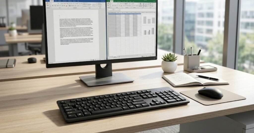 Office keyboard on a professional desk with document and spreadsheet interfaces on a monitor