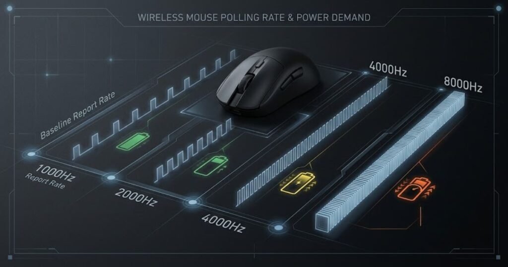 A wireless gaming mouse shown with 1000Hz, 2000Hz, 4000Hz, and 8000Hz polling rates represented by increasingly dense signal pulses.