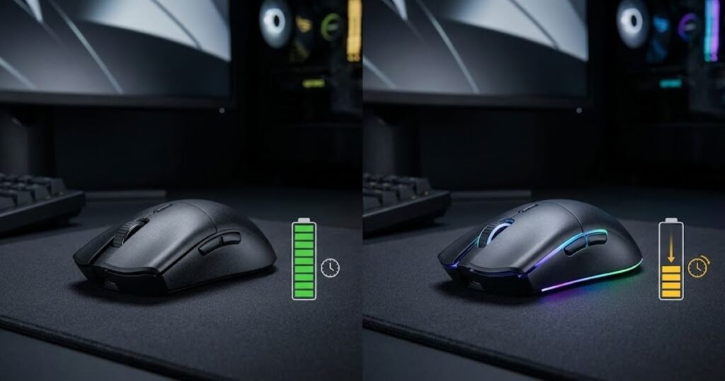 Two wireless gaming mice shown with RGB lighting off and on beside battery indicators illustrating different power conditions.