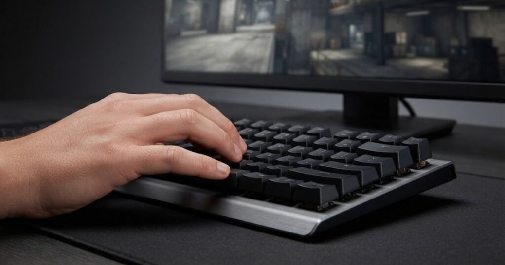 Player's hand positioned over the WASD keys on a mechanical gaming keyboard