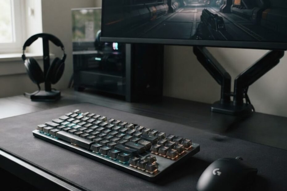 A modern gaming keyboard beside a gaming mouse and large mousepad on an FPS gaming desk, with a first person shooter displayed on the monitor.