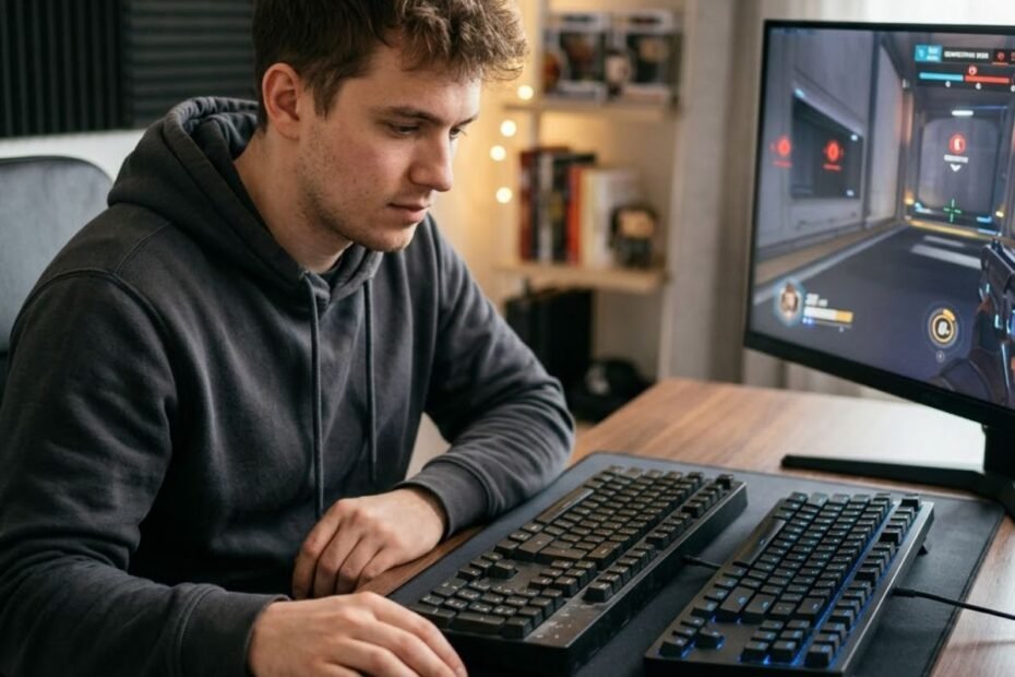 FPS gamer comparing an older gaming keyboard with a newer keyboard on a desktop setup