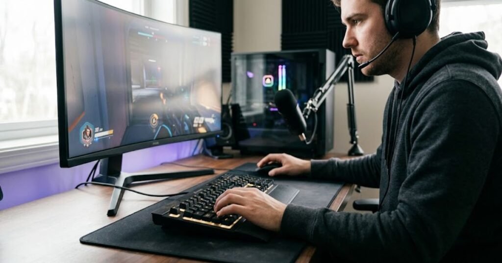 FPS gamer using a well-maintained older gaming keyboard that still fits the setup