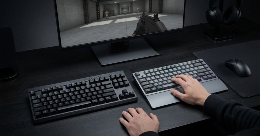 Two gaming keyboards beside a mouse in an FPS gaming setup for comparing an upgrade decision