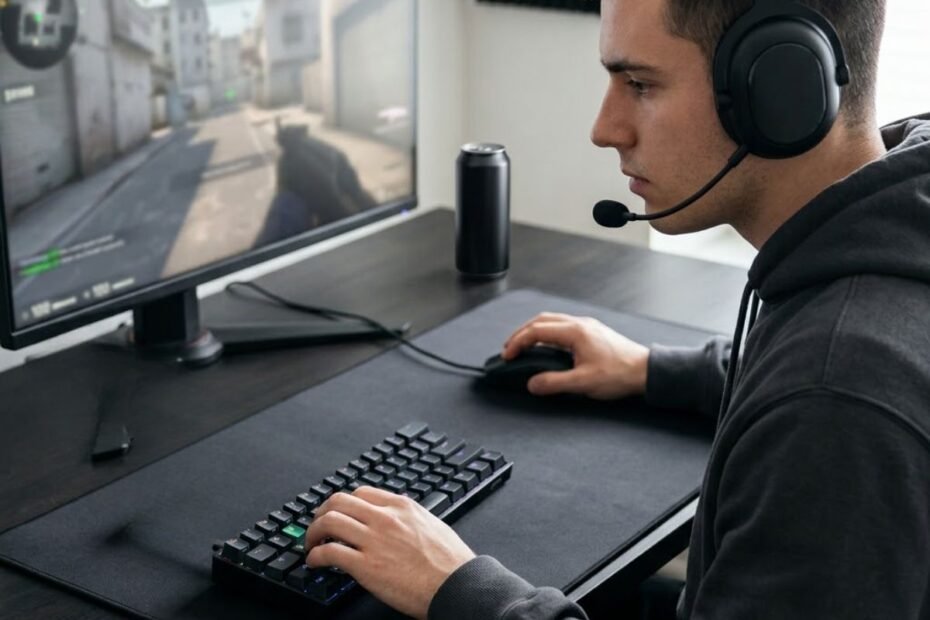 FPS player using a compact gaming keyboard and mouse at a gaming desk