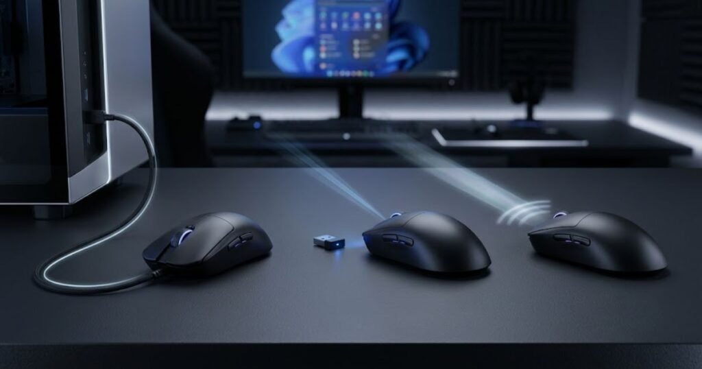 Three gaming mouse connection setups showing a wired USB connection, a dedicated wireless receiver, and Bluetooth