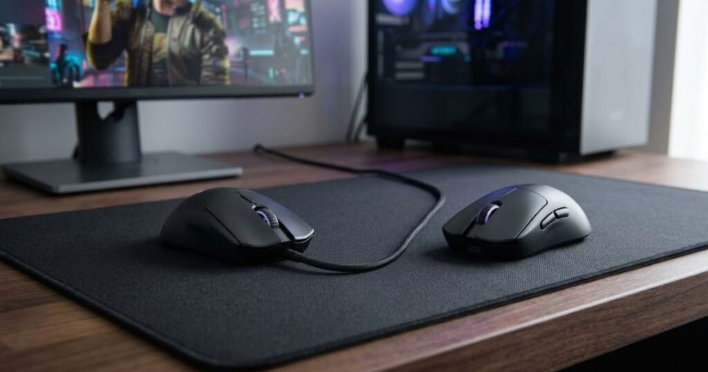Wired gaming mouse with a USB cable beside a wireless gaming mouse without a cable on the same mousepad