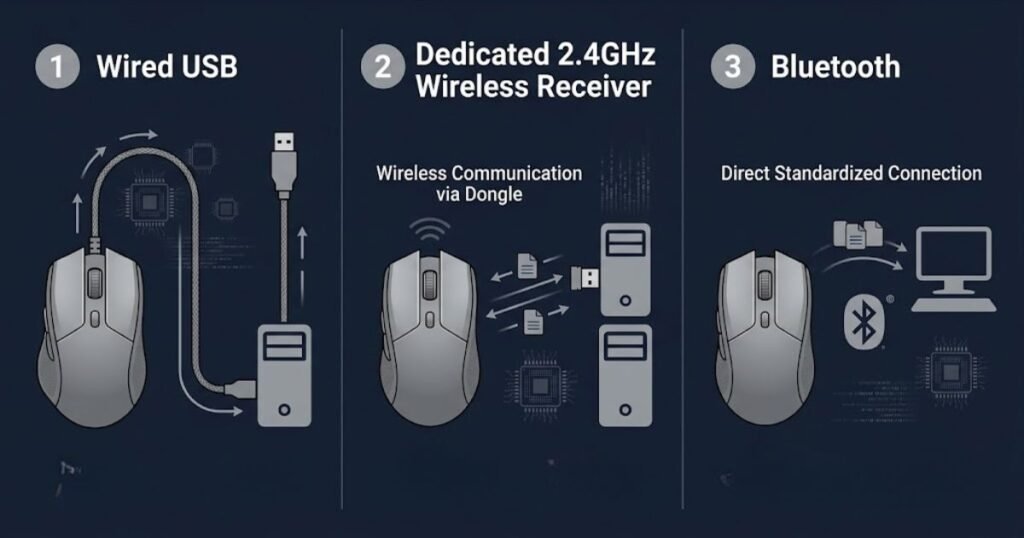 Comparison diagram showing wired USB, dedicated 2.4GHz wireless receiver, and Bluetooth mouse connections