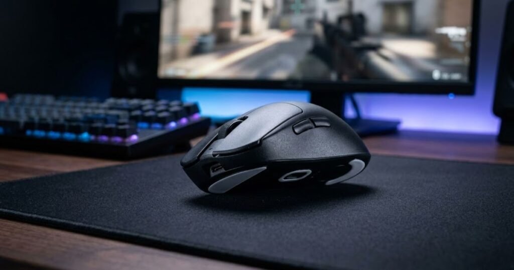 A modern wireless gaming mouse showing its shape, primary buttons, and physical design on a large gaming mouse pad