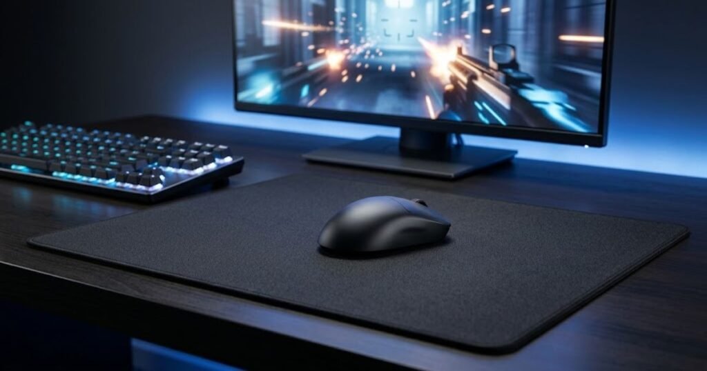 A wireless gaming mouse positioned on a large mouse pad with open space for movement beside a gaming keyboard