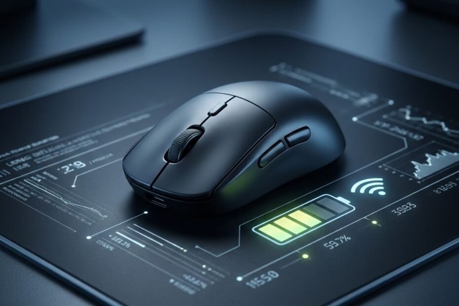 A wireless gaming mouse on a dark desk beside a partially charged battery indicator and wireless signal symbol.