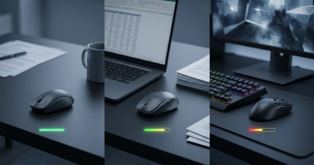 Three wireless mice shown in basic, office, and gaming setups with battery indicators representing different runtime patterns.