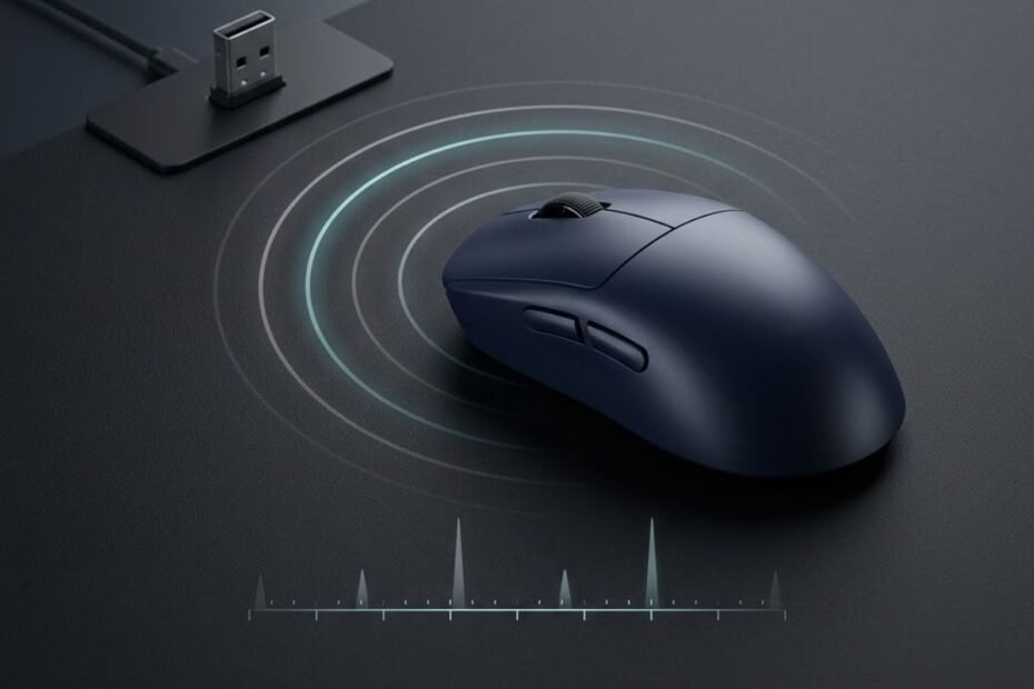Wireless gaming mouse and USB receiver with wireless signal waves representing mouse latency