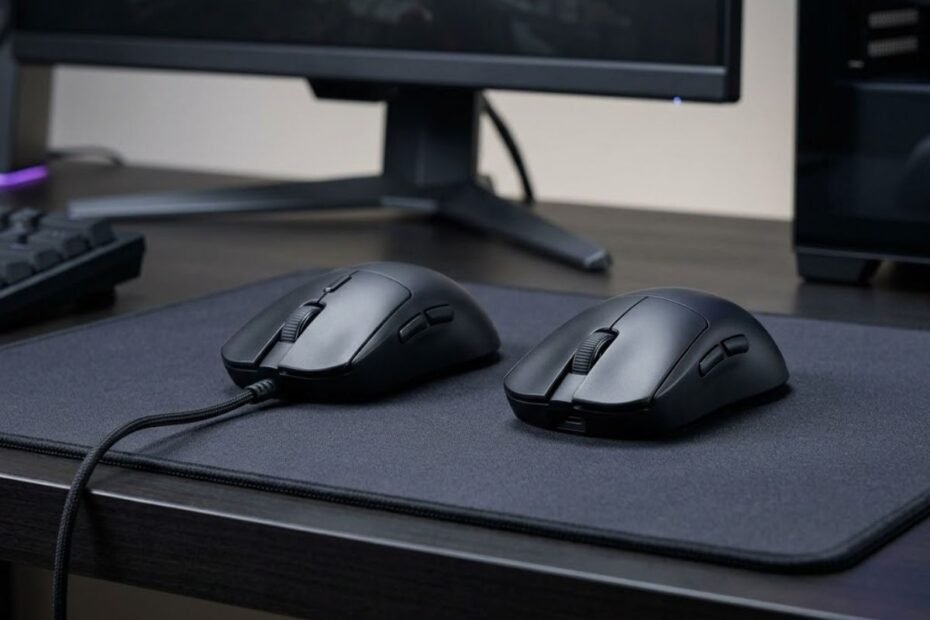 A wired gaming mouse with a USB cable beside a wireless gaming mouse without a cable on a gaming desk