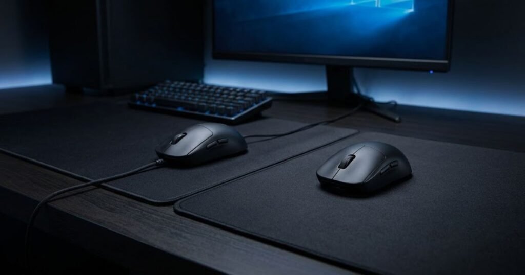 A wired gaming mouse with a visible cable beside a wireless gaming mouse without a cable on adjacent mouse pad areas