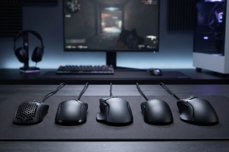 Five wired gaming mice arranged on a gaming desk for a budget comparison