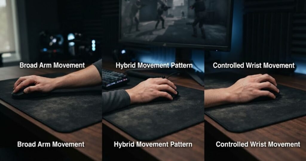 A gaming mouse setup illustrating arm, wrist, and hybrid aiming movements on a mouse pad