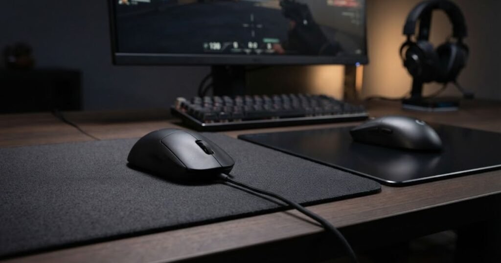 Gaming mice shown on cloth and hard mouse pads to illustrate different stopping and movement control