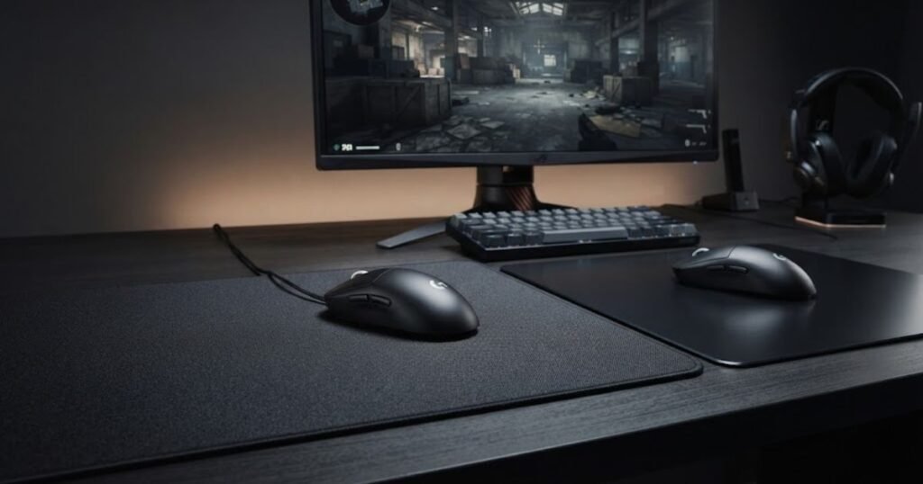 A gaming mouse setup comparing cloth and hard mouse pad surfaces for different CS2 sensitivity preferences
