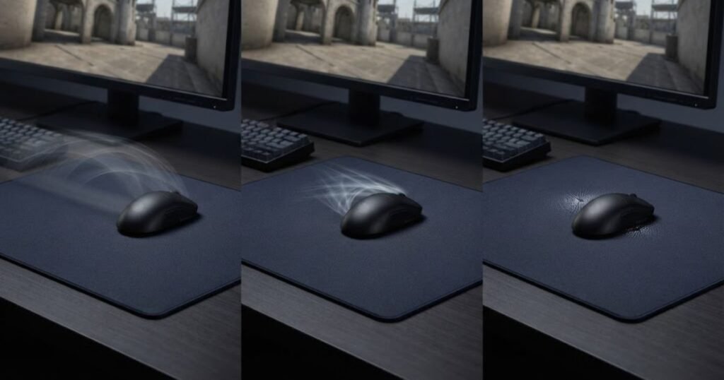 Three gaming mouse movement distances representing different CS2 sensitivity levels