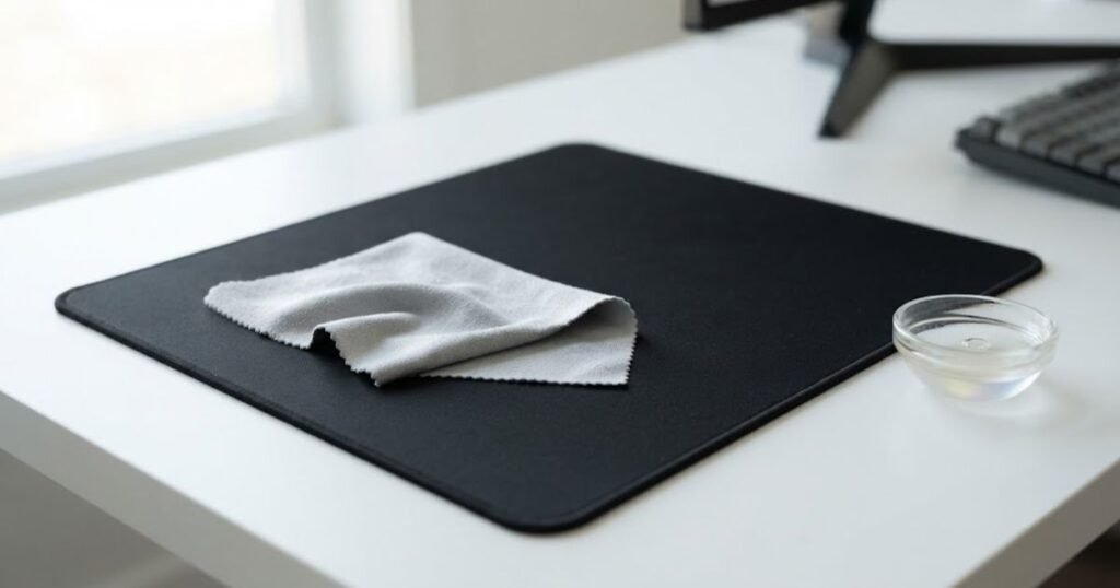 A lightly damp soft cloth gently cleans a black cloth gaming mouse pad on a flat surface.