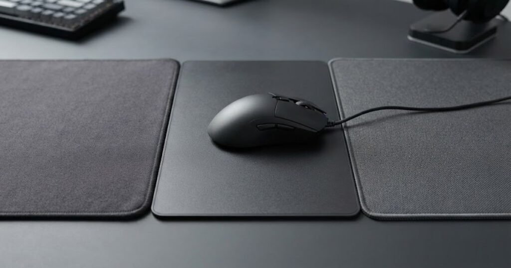 Cloth, hard, and hybrid gaming mouse pad surfaces shown side by side