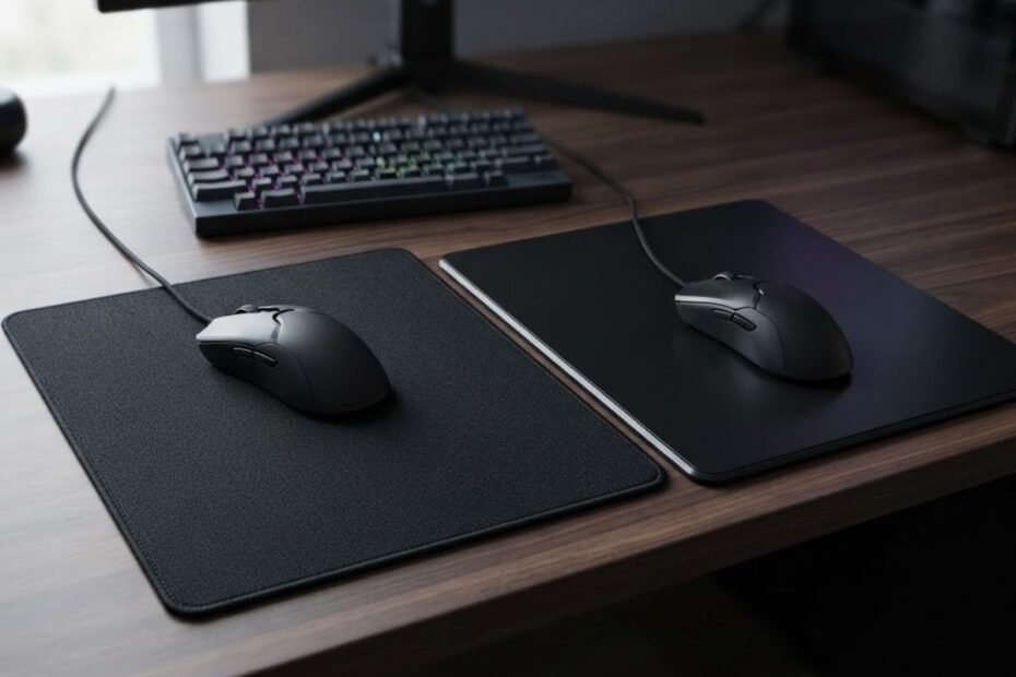 A black cloth gaming mouse pad and a black hard gaming mouse pad shown side by side with a gaming mouse on each surface