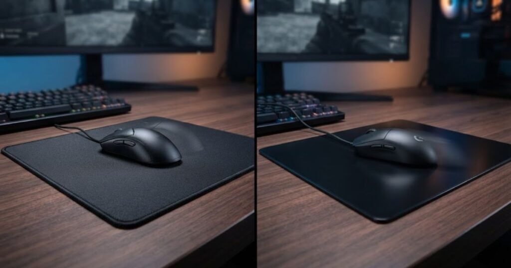 Gaming mice shown moving across cloth and hard mouse pads to illustrate different movement and stopping characteristics