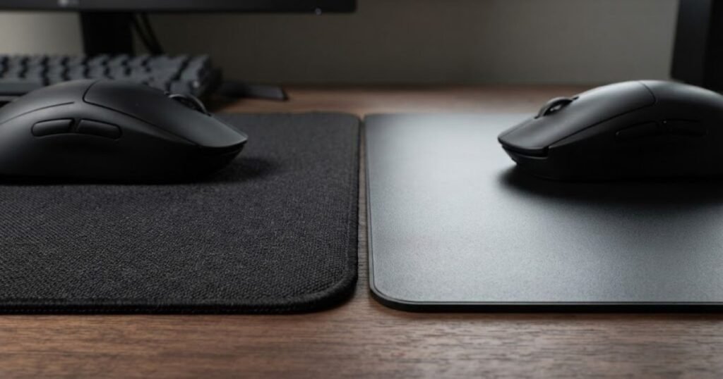 Close-up comparison of a textured cloth mouse pad and a smooth hard mouse pad with gaming mice