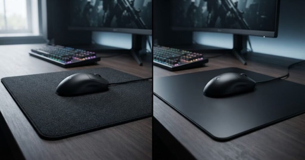 A gaming mouse on a textured black cloth mouse pad beside another mouse on a smooth black hard mouse pad