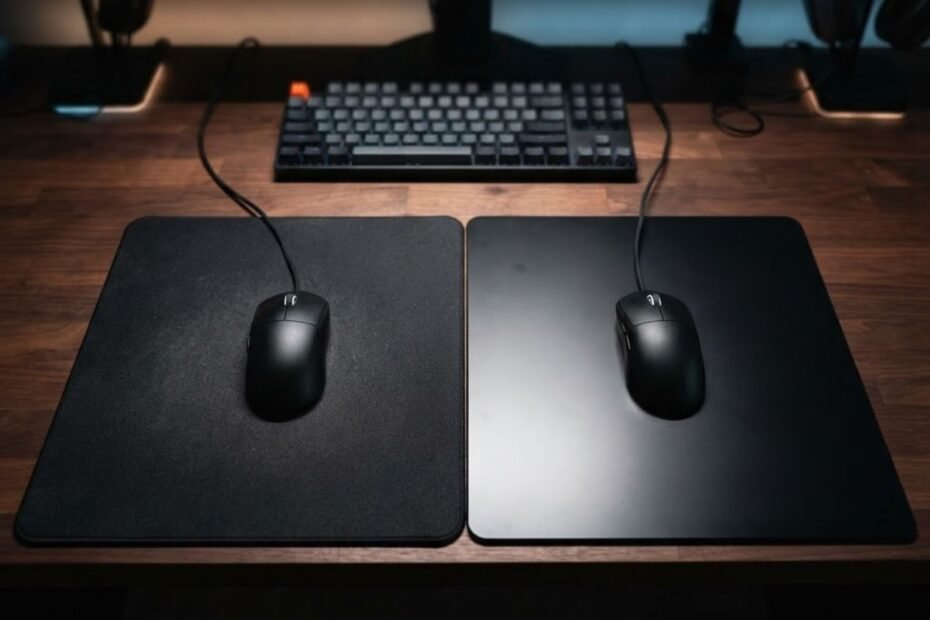 A cloth mouse pad and a hard mouse pad placed side by side with gaming mice on a gaming desk