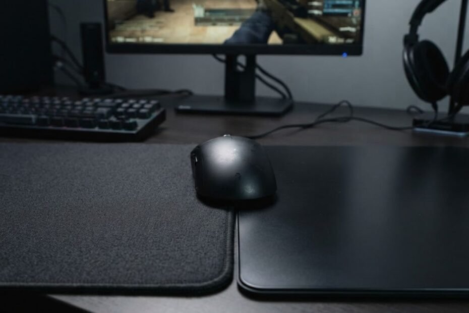 A gaming mouse positioned between a black cloth mouse pad and a black hard mouse pad