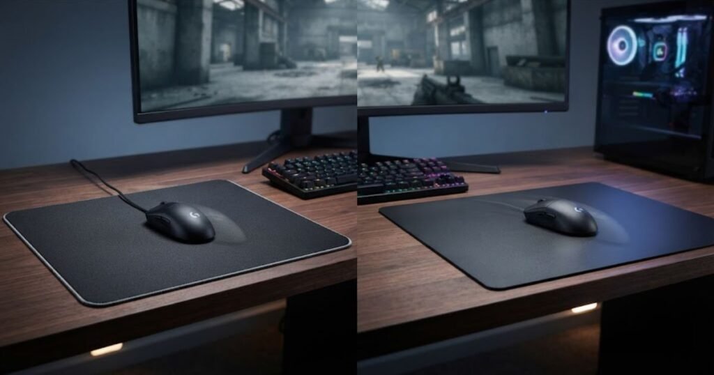 Two FPS gaming setups showing a mouse on a cloth pad for controlled aiming and a mouse on a hard pad for freer movement