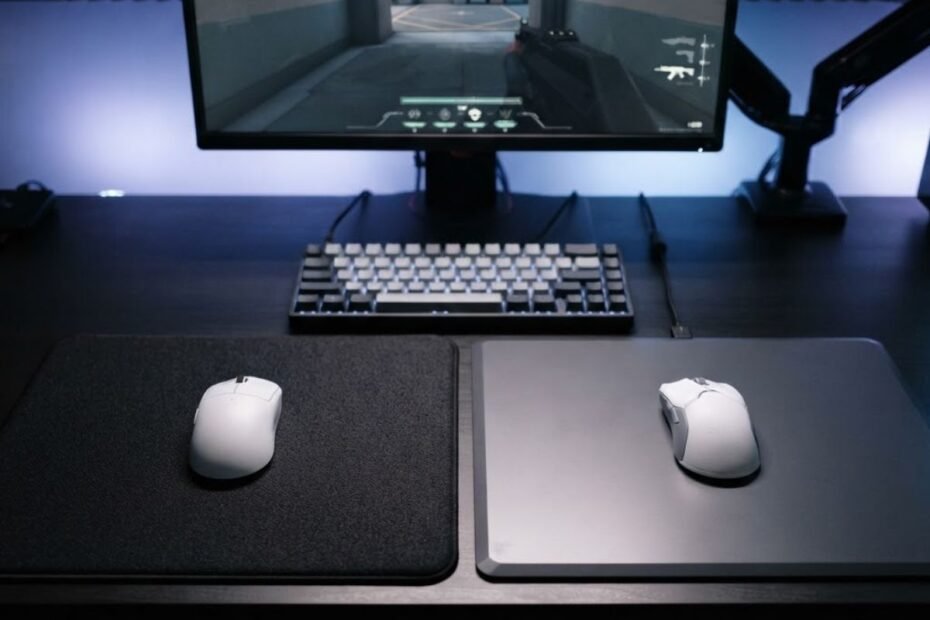 A cloth mouse pad and a hard mouse pad shown side by side with gaming mice on a dark gaming desk