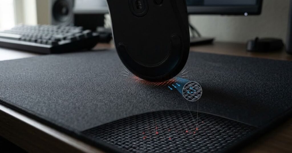 Gaming mouse positioned on a textured control mouse pad showing contact between the mouse feet and surface