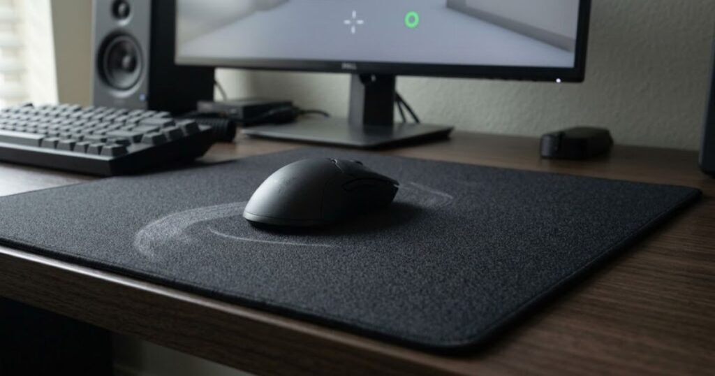 Gaming mouse on a control mouse pad with repeated movement paths toward an FPS target