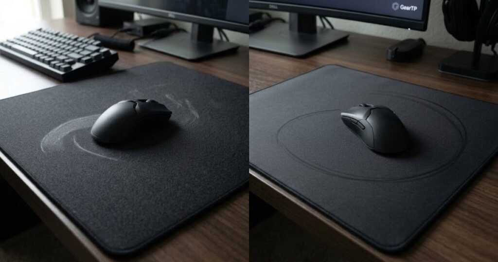 Two gaming mice on control and speed mouse pad surfaces with different movement paths