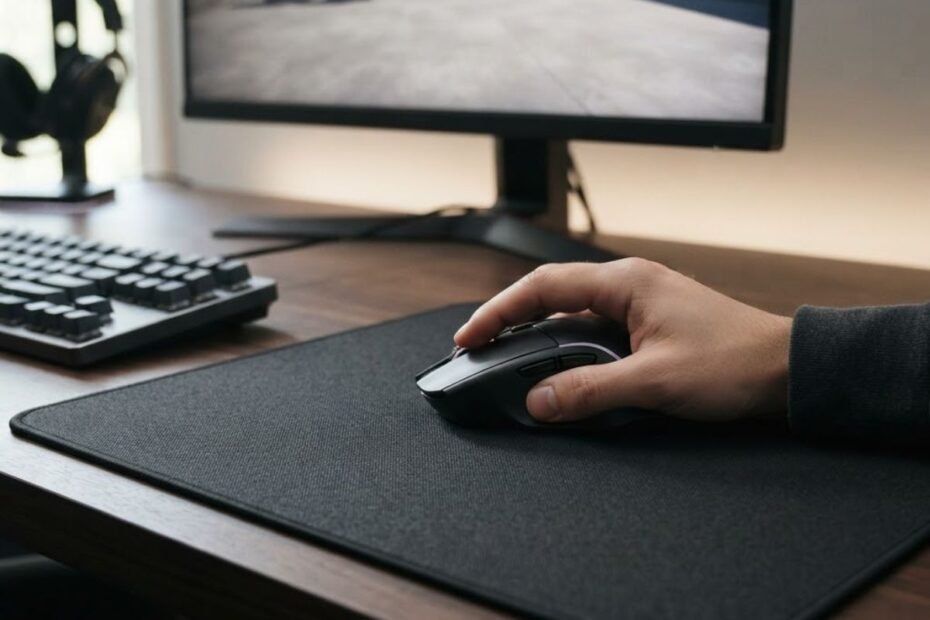 Gaming mouse moving across a mouse pad on an FPS gaming desk