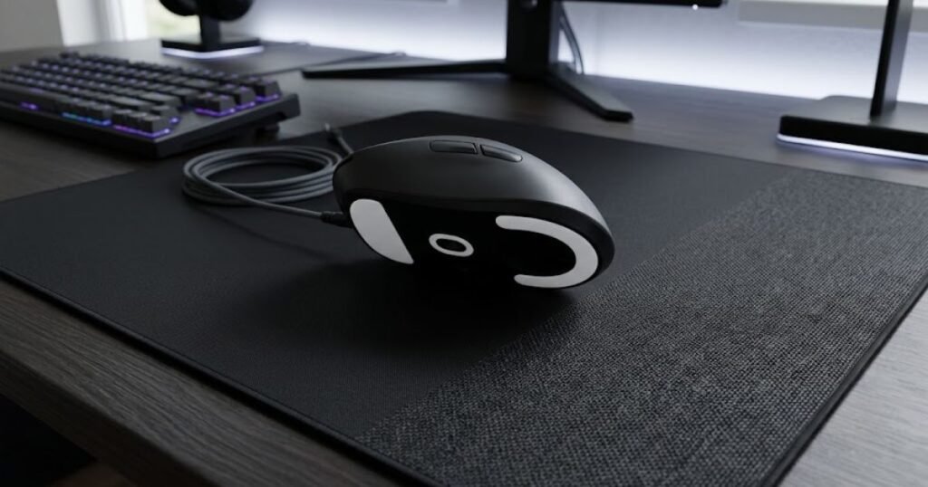 Gaming mouse and mouse skates contacting a textured mouse pad surface