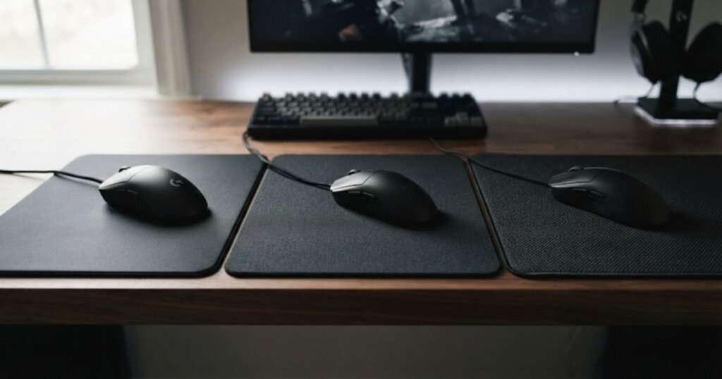 Three cloth mouse pads with different fabric textures and gaming mice showing different surface characteristics